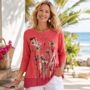 Jess & Jane SZ XL Cotton Sierra Mineral Washed Tunic Raspberry Floral Made USA
